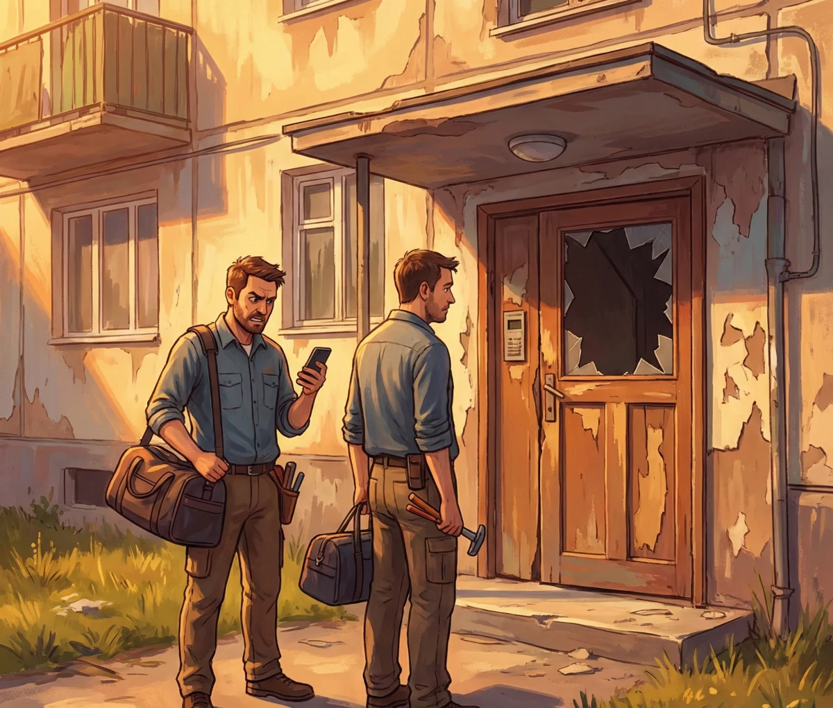 Enttäuschter Monteur bei der Ankunft in einer Unterkunft die nicht den Erwartungen entspricht