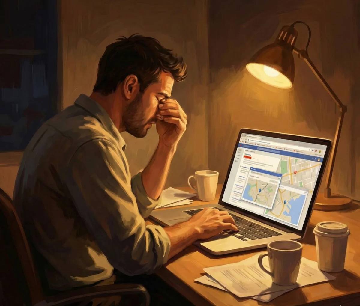 Frustrierter Mitarbeiter verbringt Stunden mit der Suche nach Monteurunterkünften auf verschiedenen Portalen